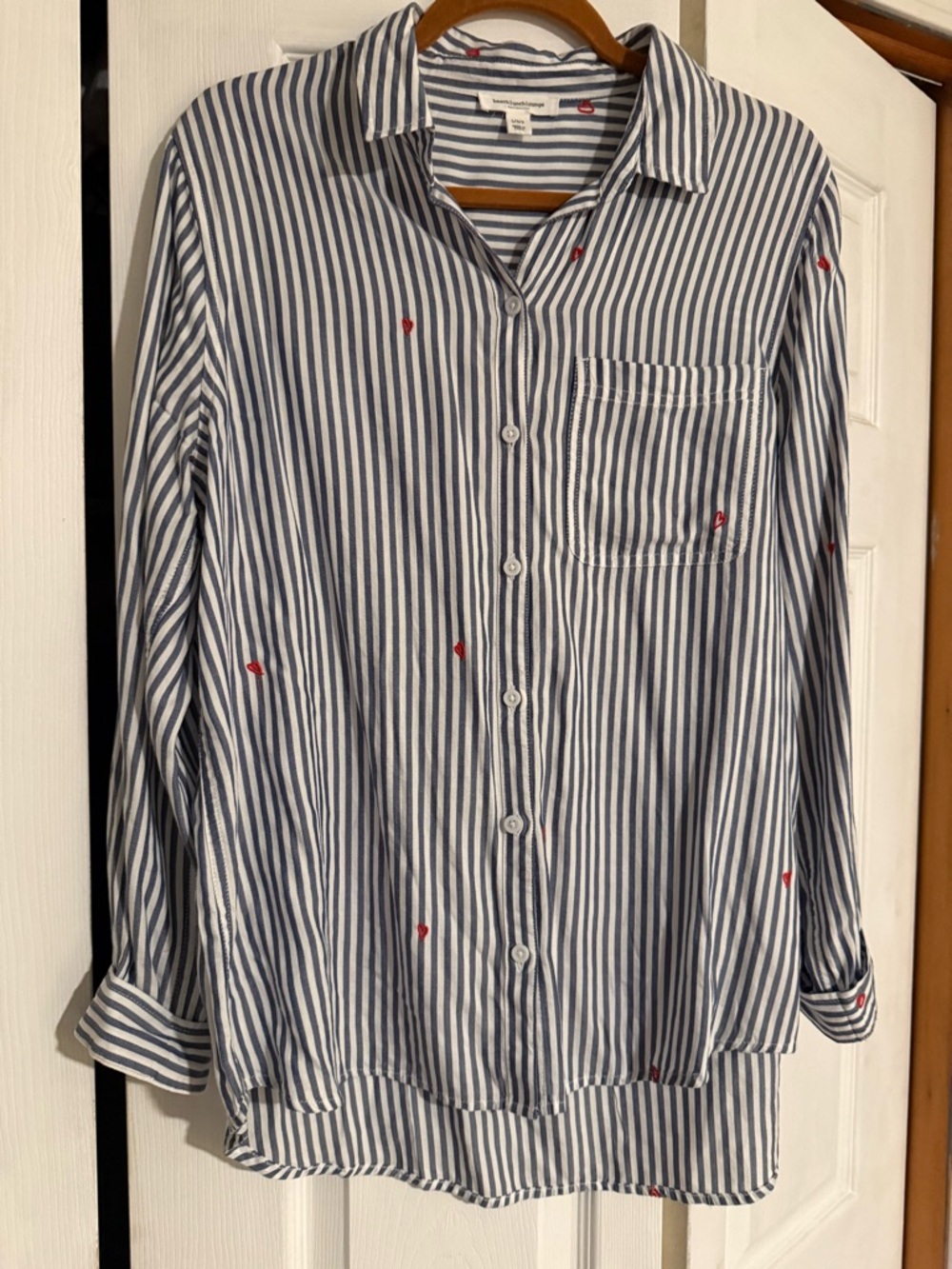 Ladies Blue and White Striped Button-Up Shirt with Red hearts